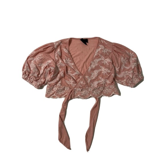 Liv Los Angeles Medium Tie Top Puff Sleeve M Pink Crop Top - Picture 1 of 10